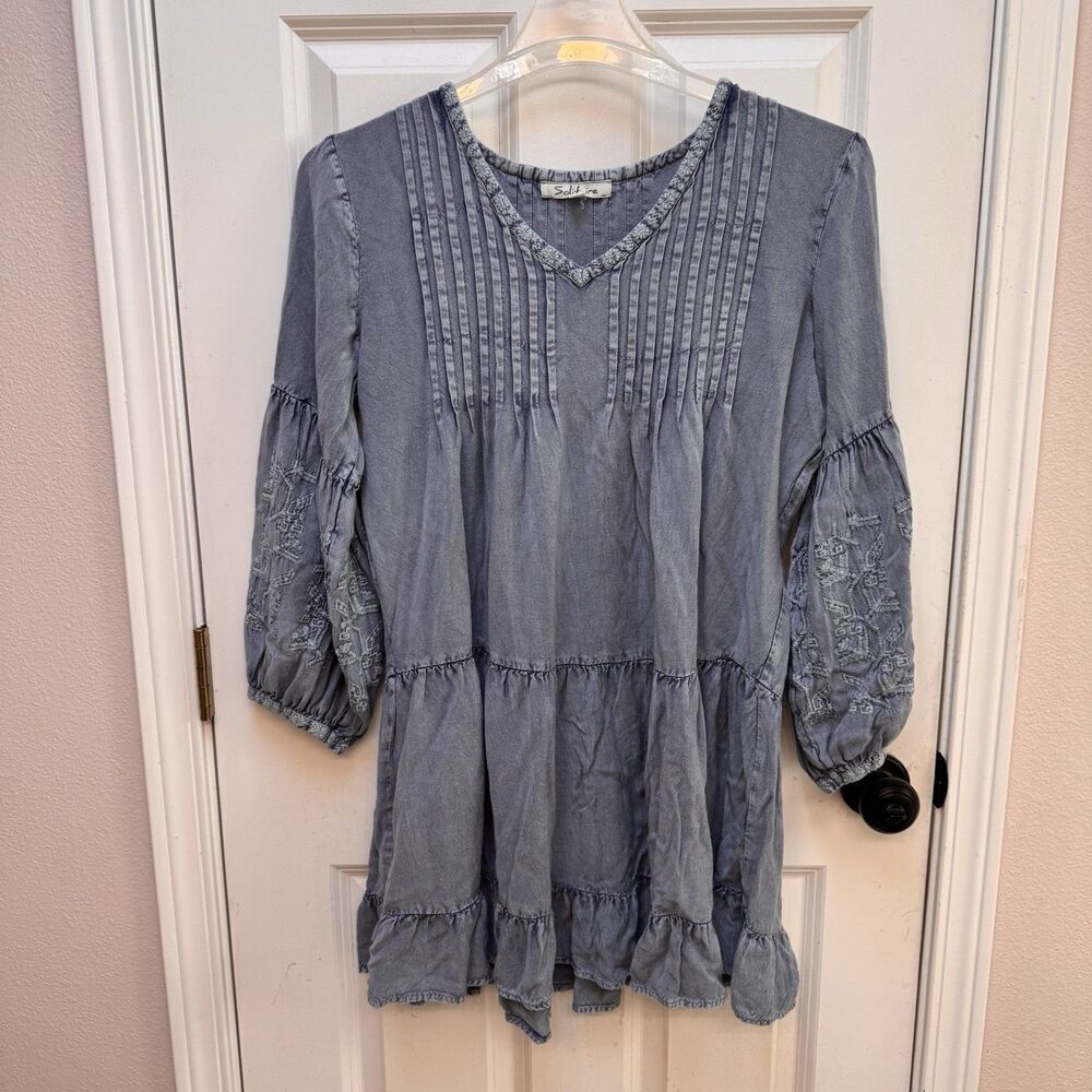 Solitaire Dress Womens L Blue Chambray V-Neck Balloon Sleeve Tiered Boho Mini